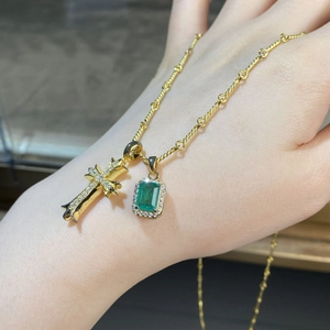 S925 silver necklace with emerald cut gemstone and pave cross pendant in 18K gold finish