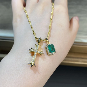 Elegant 18K gold plated S925 silver necklace with emerald and cross pendants