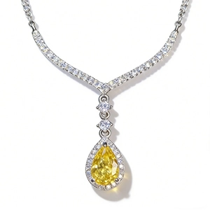 S925 sterling silver necklace with pear-cut yellow gemstone and diamond halo pendant