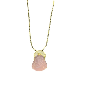 S925 silver pink Buddha pendant necklace with gold chain and sparkling crystal accents