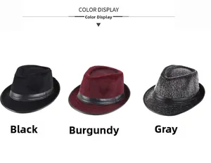 Three men's faux fur fedora hats displayed in black, burgundy, and dark grey colors