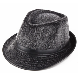 Winter men's faux mink fur jazz hat with black leather band and warm thermal lining