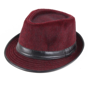 Winter faux mink fur fedora hat for men in wine red with black leather decorative band