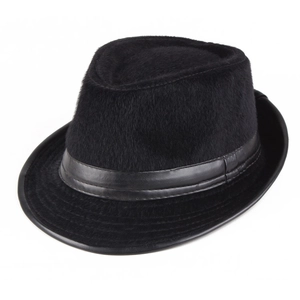 Classic black faux mink fur fedora hat for men with leather band and trim for winter warmth