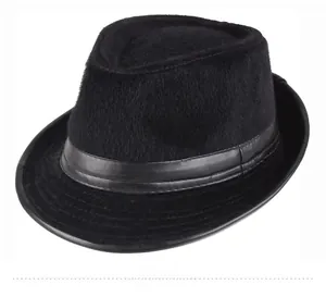 Detail view of the plush faux mink texture and black leather band on the fedora hat