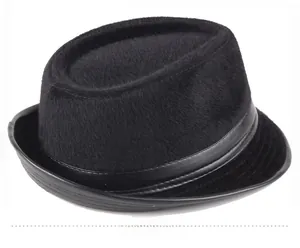 Detailed side view of the black faux mink fur fedora hat featuring a sleek leather band