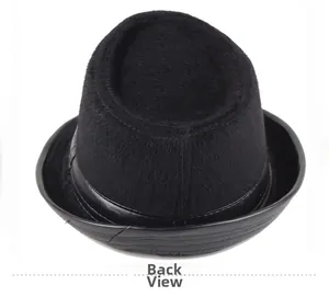 Back view of a black faux mink fedora hat featuring a plush texture and leather band detail