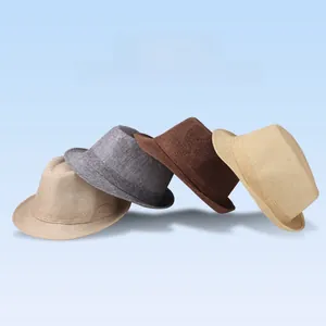 Detailed view of four breathable linen fedora hats in beige, grey, and brown tones