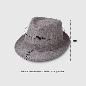 Close-up of gray linen fedora hat with textured weave and 58cm size details