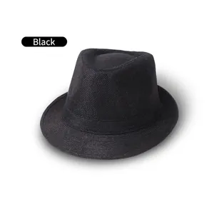 Top view of black linen jazz fedora hat with breathable woven texture and band detail