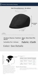 Size chart showing 56-60cm circumference and head measurement guide for linen flat cap