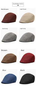 Detailed grid of linen flat caps for men in eight colors with breathable woven texture