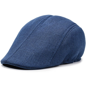 Classic dark blue linen flat cap for elderly men with breathable multi-panel structure