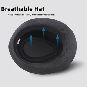 Detail of breathable linen fedora interior featuring black sweatband and premium weave
