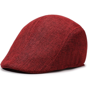 Classic dark red linen flat cap for men with retro woven texture shown at a side angle