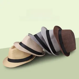 Detailed view of breathable linen jazz hats in five neutral colors with black ribbon trim