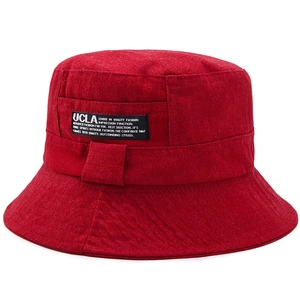 Red cotton reversible bucket hat with UCLA logo patch for sun protection outdoor wear