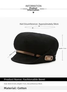 Detail specifications of black cotton baker boy hat with dimensions and brown strap