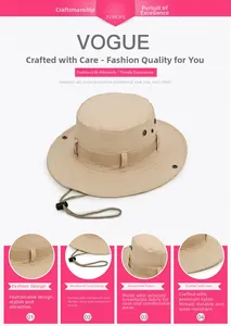 Detail of khaki outdoor boonie hat showing breathable metal eyelets and adjustable chin cord