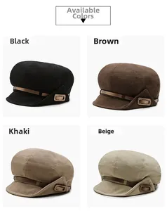 Detail view of newsboy hats in four colors with decorative belt and metal buckle