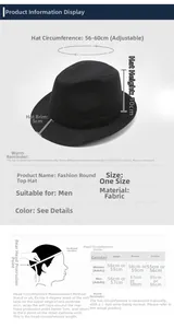 Size chart for summer fedora hat with 56-60cm adjustable circumference and measurement guide