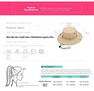 Size chart for outdoor bucket hat with dimensions, measuring guide and care instructions