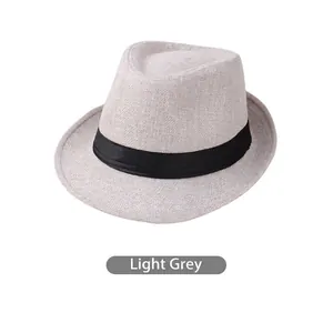 Close-up of light grey linen fedora hat featuring a stylish black silk texture ribbon band