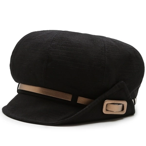 Classic black baker boy hat with horizontal texture and antique bronze metal accent