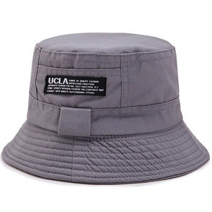 Gray cotton bucket hat with UCLA letter patch, foldable double-sided outdoor sun cap for summer