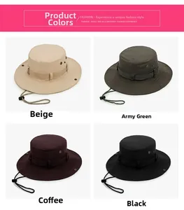 Outdoor boonie hats in beige, army green, coffee, and black with adjustable chin cords