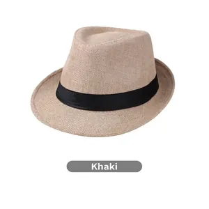 Close-up of khaki linen jazz hat featuring detailed breathable weaving and black ribbon band