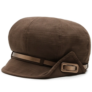 Classic dark brown striped newsboy cap with leather strap and metal buckle detail