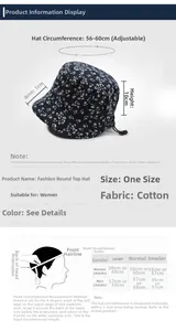 Detailed size chart and measurement guide for the floral cotton bucket hat for women