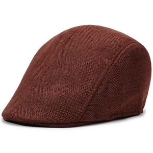Detailed side view of a brown linen duckbill cap with vintage textured breathable fabric