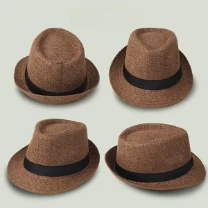 Detail view of brown breathable linen fedora hat with black ribbon from four angles