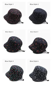 Six blue floral bucket hats with adjustable drawstrings for women in various flower patterns