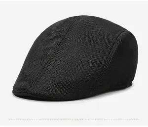 Side view of black linen beret hat for men showing breathable mesh texture and retro design