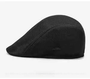 Side view of black mesh flat cap for men with breathable textured fabric detail