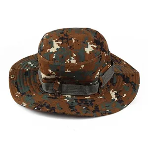 Detail of coffee digital camo tactical boonie hat with side metal snaps and utility loops
