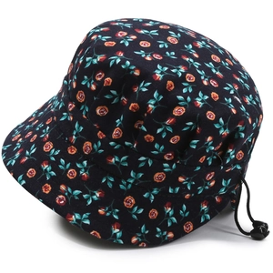 Detail of navy floral sun hat showing adjustable elastic drawstring and floral canvas texture