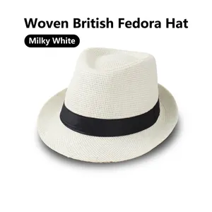 Detailed close-up of cream white breathable linen fedora with black ribbon band
