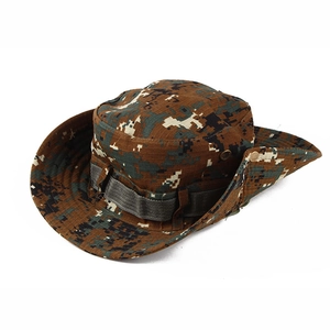 Detail of outdoor camouflage tactical boonie hat with wide brim and side metal snaps