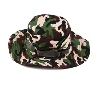 Detail of white and green camo boonie hat with wide brim and side metal buttons