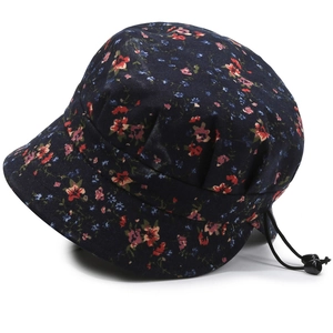 Navy floral sun hat for women with foldable brim and adjustable windproof drawstring