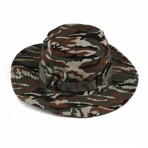 Detail of grey green camo tactical sun hat with breathable metal eyelets and side straps