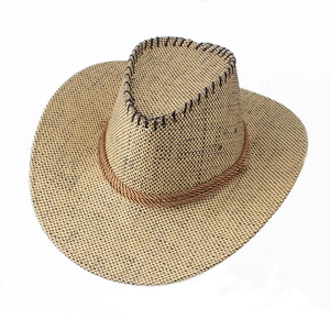 Western style straw cowboy hat with textured weave and brown rope trim in beige and black