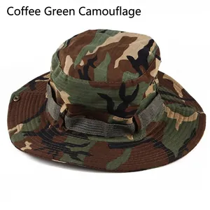 Close-up of wide brim camouflage boonie hat with tactical MOLLE webbing and vent holes