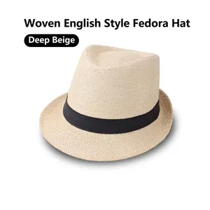 Close-up of dark beige breathable linen jazz hat with elegant black grosgrain ribbon detail