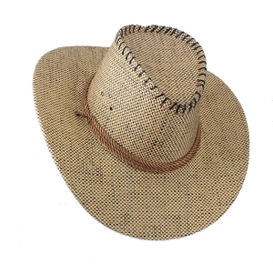 Detailed close-up of straw cowboy hat featuring woven texture and ventilation eyelets