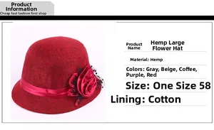 Close-up of linen cloche hat featuring a large red decorative flower and polka dot mesh detail